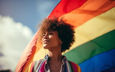 young woman with an LGBT rainbow flag. A symbol of social equality, tolerance and acceptance of any sense of identity or romantic attraction.