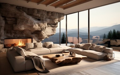 An interior apartament in carved mountain. Cave apartament. - obrazy, fototapety, plakaty