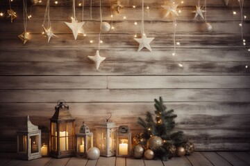 Fototapeta na wymiar Wooden wall with christmas decoration and christmas gifts
