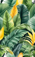 Jungle wallpaper with tropical palm, banana and calathea leaves. Isolated watercolor background, Generative AI