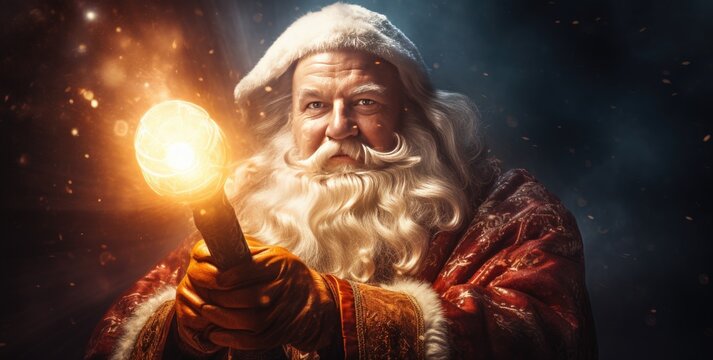 Santa Claus with a torch. Christmas background