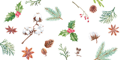 冬の自然素材の水彩イラスト。クリスマスのバナー背景。パターン。 - obrazy, fototapety, plakaty