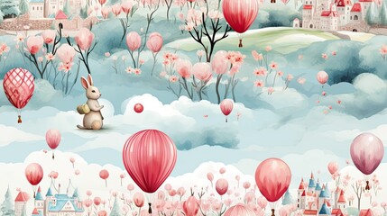 seamless pattern with cute rabbit illustrations,a simple design for baby room decor and nursery decoration.cartoon bunny illustrations for nursery pattern.