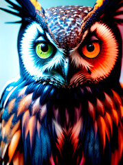 Owls knolling volumetric Kodachrome colors painted background.