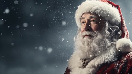 Santa Claus with copy space on a grey background, Happy Merry Christmas, AI generative