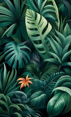 Abstract botanical background. Floral wallpaper with exotic jungle leaves. Graphic illustration of a greenhouse. Exotic botany. Illustration for photo wallpaper, wallpaper, mural, Generative AI