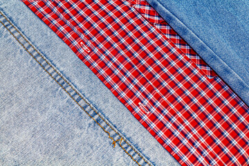 Blue denim and red checkered cotton fabric