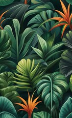 Abstract botanical background. Floral wallpaper with exotic jungle leaves. Graphic illustration of a greenhouse. Exotic botany. Illustration for photo wallpaper, wallpaper, mural, Generative AI