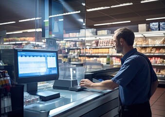 A high-angle shot of a grocer using a barcode scanner to ring up a customer's purchases at the - obrazy, fototapety, plakaty