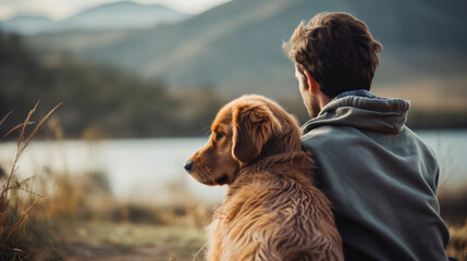 back view of a boy with his dog in nature