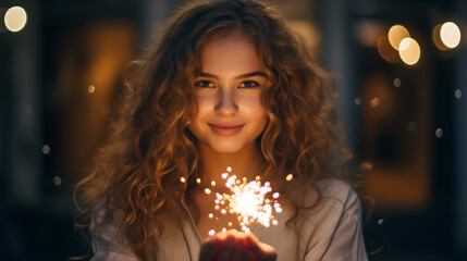 Young beautiful cheerful smiling woman with sparkle in her hands. Celebration. Evening or night. season holidays. For poster, postcard, invitation, flyer, banner, email, header. Generative Ai content.