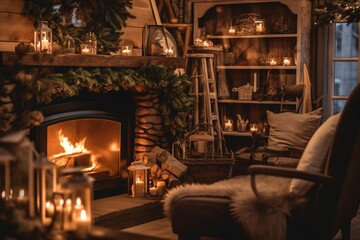 Fototapeta na wymiar Cozy living room with candles, fireplace and christmas decorations. Vintage style. Interior of a cozy living room with a fireplace, a Christmas tree and gifts.