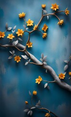 Photo wallpaper, wallpaper, mural, card, postcard design in the loft, classic, modern style. Flower branches on a blue concrete grunge wall, Generative AI