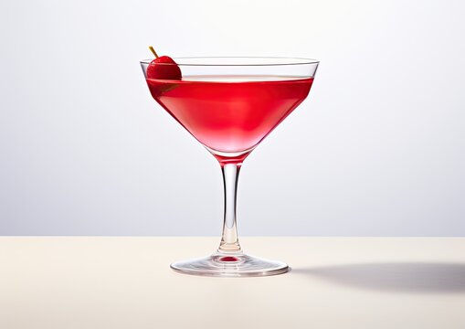 A high-key shot of a Grenadine Cocktail placed on a white background, with soft and diffused lightin