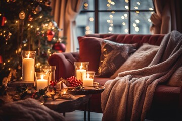 Cozy living room with candles, fireplace and christmas decorations. Vintage style. Interior of a cozy living room with a fireplace, a Christmas tree and gifts. - obrazy, fototapety, plakaty