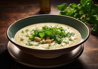 A high-key image of a bowl of creamy white bean soup,garnished with fresh herbs and drizzled with o