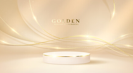 Podium abstract background. Gold platform for presentation. 3d golden background, elegant luxury product display, premium curve pedestal. Store showcase, advertising template. Vector scene