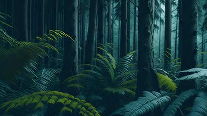 a serene woodland wallpaper with tall, moss-covered trees and ferns blanketing the forest floor.