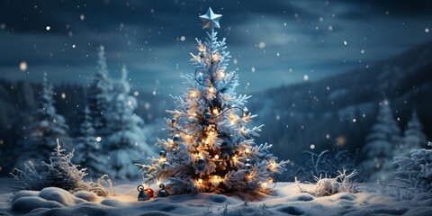 Christmas tree in the winter forest. Beautiful winter landscape with Christmas tree.  - obrazy, fototapety, plakaty