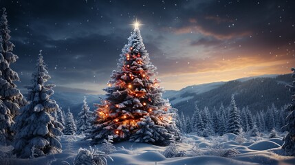 Christmas tree in the winter forest. Beautiful winter landscape with Christmas tree. 