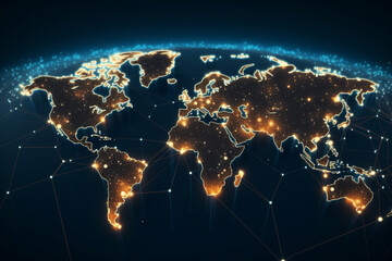 A background representing exports, imports or connected networks on a world map with large cities illuminated by stylish dots - obrazy, fototapety, plakaty