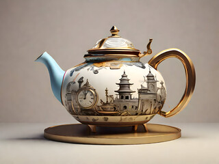 Timeless teapot evolution captured! Witness history morphing through eras in this unique image, perfect for vintage enthusiasts and design aficionados - obrazy, fototapety, plakaty