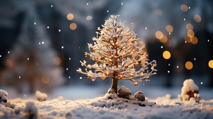 Christmas tree in the winter forest. Beautiful winter landscape with Christmas tree. 