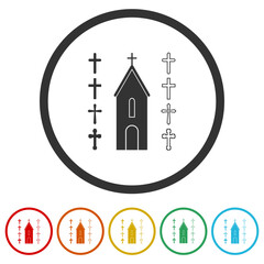 Church with set of crosses icon. Set icons in color circle buttons