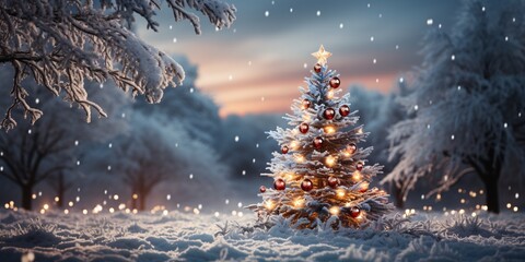 Christmas tree in the winter forest. Beautiful winter landscape with Christmas tree.  - obrazy, fototapety, plakaty