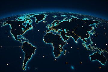 A background representing exports, imports or connected networks on a world map with large cities illuminated by stylish dots - obrazy, fototapety, plakaty