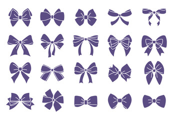 Bow icons. Ribbon for gifts and present boxes, tie for birthday and christmas, bowtie, elegant black and white gift decoration, wrapping decoration. Packaging elements. Vector isolated design - obrazy, fototapety, plakaty