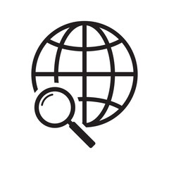 Magnifier and globe icon, search for a place on a map or on the globe icon. The icon of the magnifying glass and planet Earth. - obrazy, fototapety, plakaty