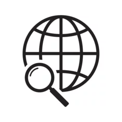 Fotobehang Magnifier and globe icon, search for a place on a map or on the globe icon. The icon of the magnifying glass and planet Earth. © Maksim