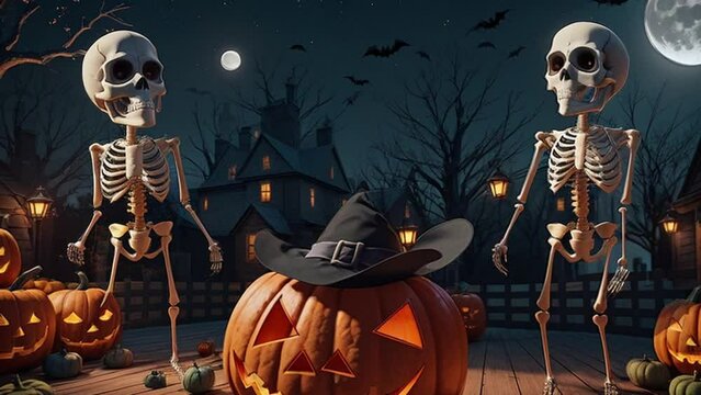 Halloween party - little skeletons celebrate around a pumpkin on a spooky night.
