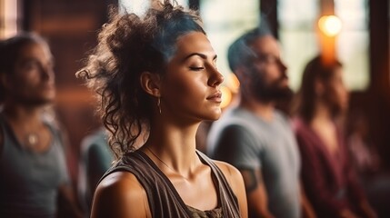 A group meditation session in a yoga studio, breath exercise, men and women meditating and breathing with closed eyes, breath-work concept - obrazy, fototapety, plakaty