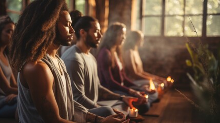 A group meditation session in a yoga studio, breath exercise, men and women meditating and breathing with closed eyes, breath-work concept - obrazy, fototapety, plakaty