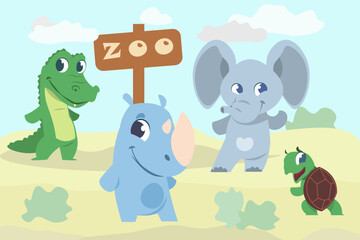 Fototapeta premium Cute animals. Wild little creatures. Cartoon crocodile and elephant. African fauna. Mammals in nature. Baby turtle and rhinoceros. Zoo park landscape. Savannah safari. Vector illustration
