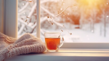 Cozy winter still life: mug of hot tea and warm woolen knitting on vintage windowsill against snow landscape from outside - obrazy, fototapety, plakaty
