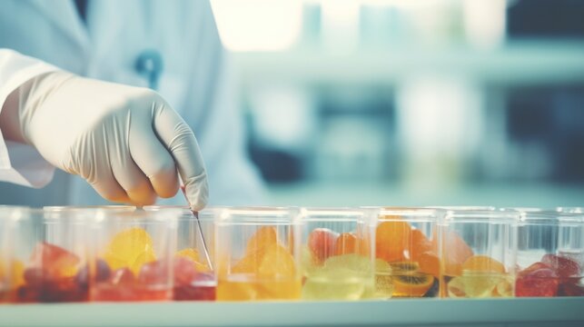 Scientist check chemical food residues in laboratory. Control experts inspect quality of fruits, vegetables. lab, hazards, ROHs, find prohibited substances, contaminate, Microscope, generate by AI.