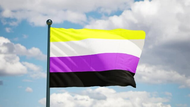 Nonbinary Flag. Pride lgbtqi+ flag flutters on the wind . Cloudy sky background