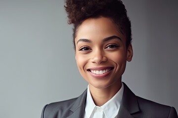 profile view of african american business woman smiling against dark background, copy space