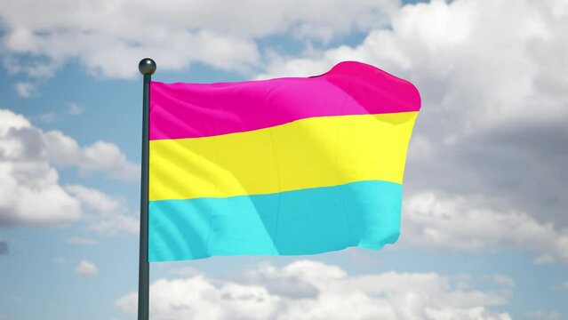 Pansexual flag. Pride lgbtqi+ flag flutters on the wind . Cloudy sky background
