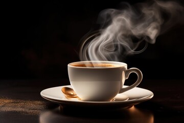 Cup of coffee with steam on dark