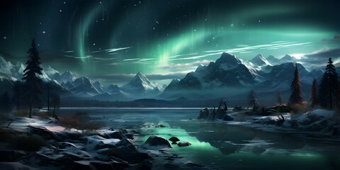 landscape view of icy mountains and rivers showing the aurora sky at night