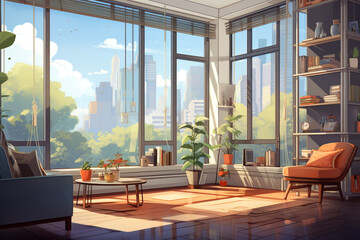 Illustration of modern interior. Living room or hall with large windows and a lot of light. Sunny weather. Digital painting. Big city life. Reference. Modern design. Generative Ai content.