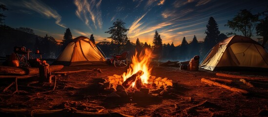night camping near a bright fire in a pine forest under a starry night sky. campfire, Tourism, camping concept