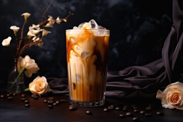 Iced coffee with caramel and flowers on background. - obrazy, fototapety, plakaty