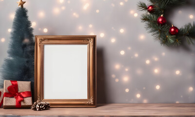 Fototapeta premium Christmas frame mockup on festively decorated table