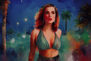 Obraz na płótnie Canvas Girl standing on dark neon evening lights of wild tropics, beach party, AI generative.