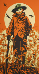 tall scarecrow with pumpkin head in 70s retro screenprint style